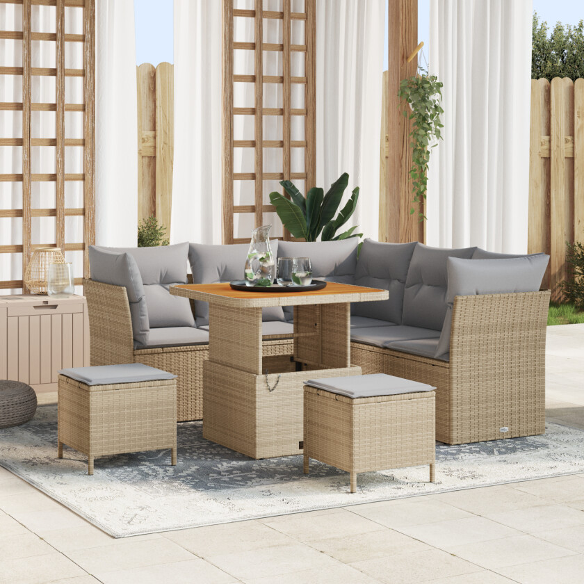 8-delt Hage Sofa Sett med Puter Beige Poly Rattan Akasia, 3-delt Hage Spisesett med Puter Beige Poly Rattan Akasia
