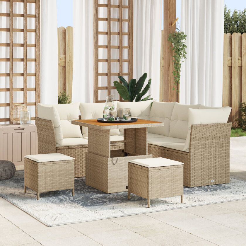 8-delers Hage Sofa Sett med Puter Beige Poly Rattan, 3-delers Hage Spise Sett med Puter Beige Poly Rattan