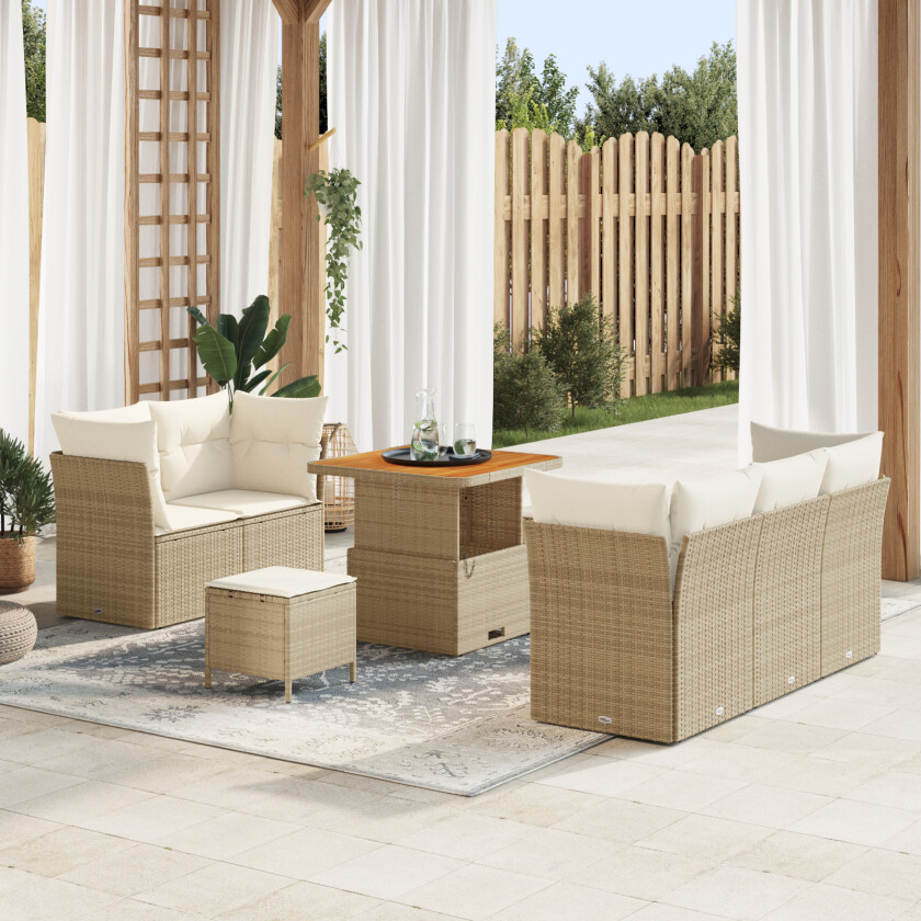 8-delt hagesofa sett med puter beige poly rotting akasie, 3-delt hage spisesett med puter beige poly rotting akasie