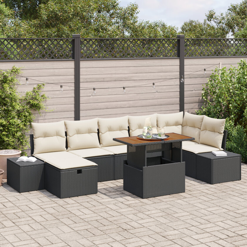 8 Delt Hage Spisebordsett med Puter Svart Poly Rattan Acacia