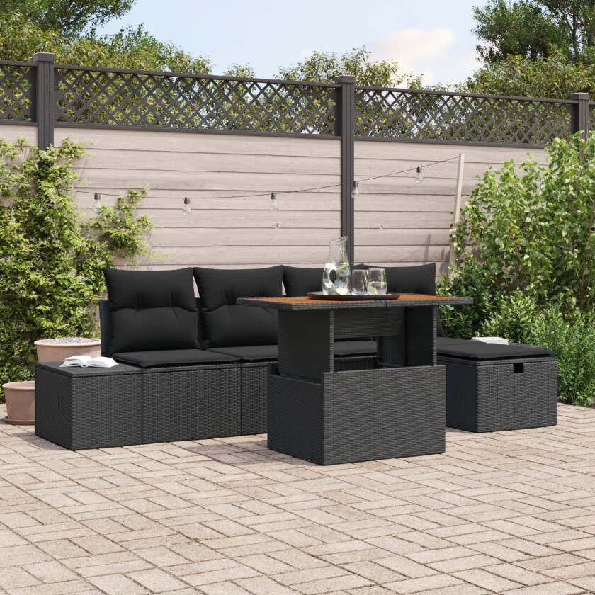 6 Delers Hage Sofa Set med Puter Svart Poly Rattan