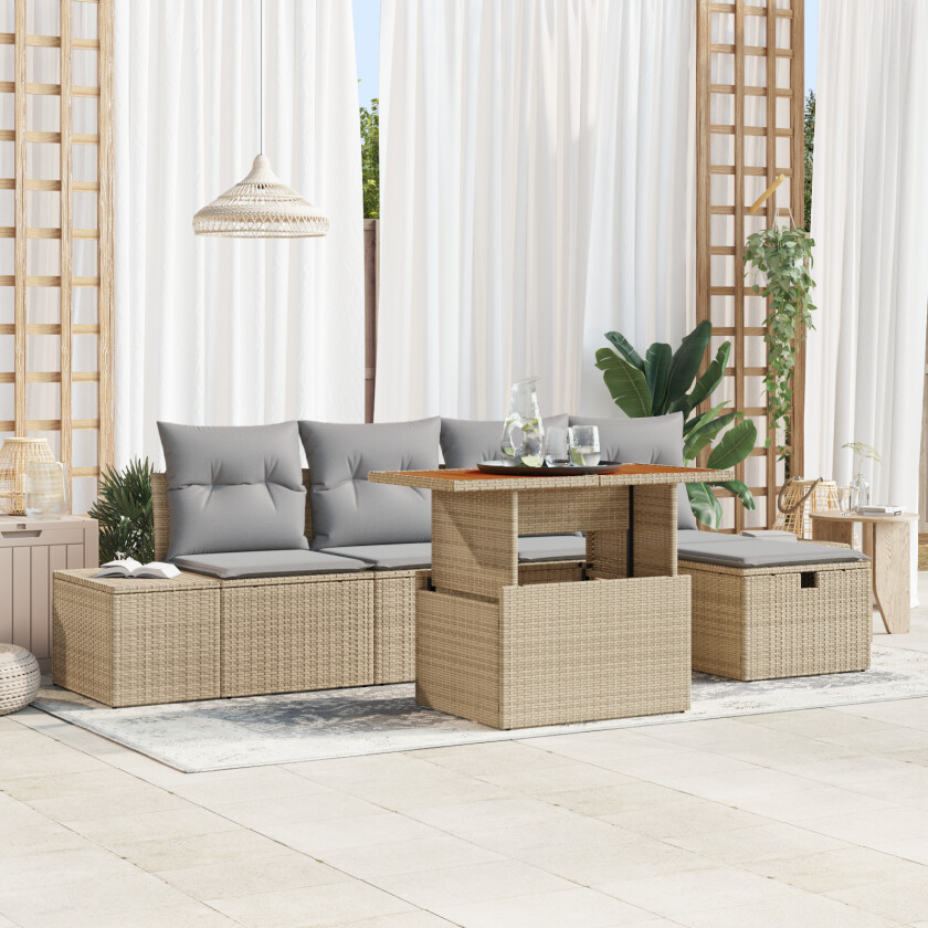 6-delt Hagesofa Sett med Puter Beige Poly Rattan