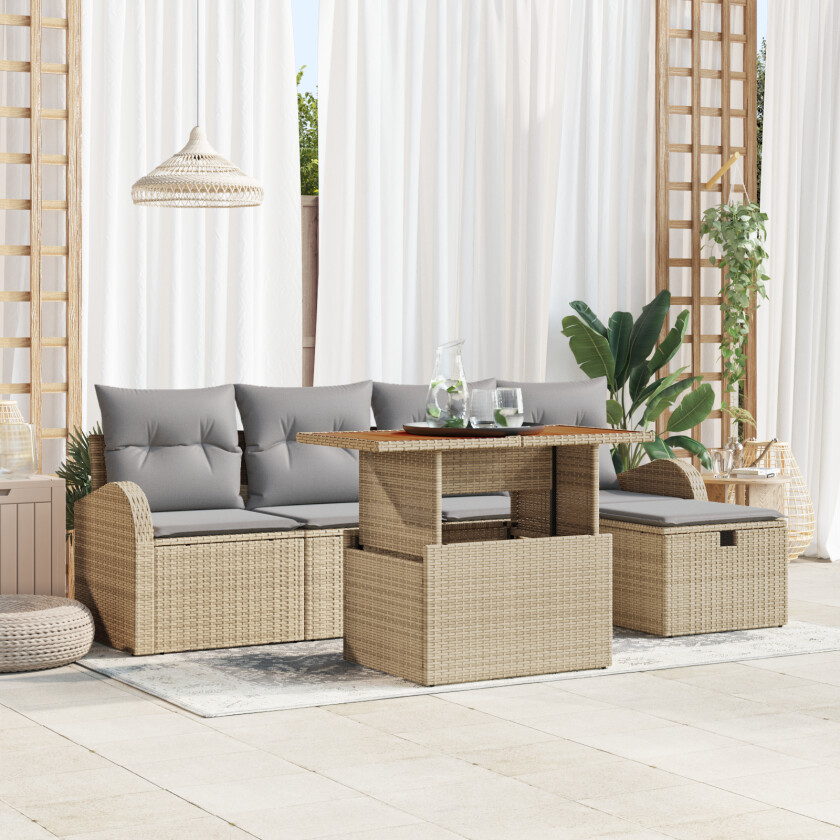 6 Delt Hagemøbelsett med Puter Beige Poly Rattan, 2-seter Hage Sofa med Oppbevaring og Puter Beige Poly Rattan