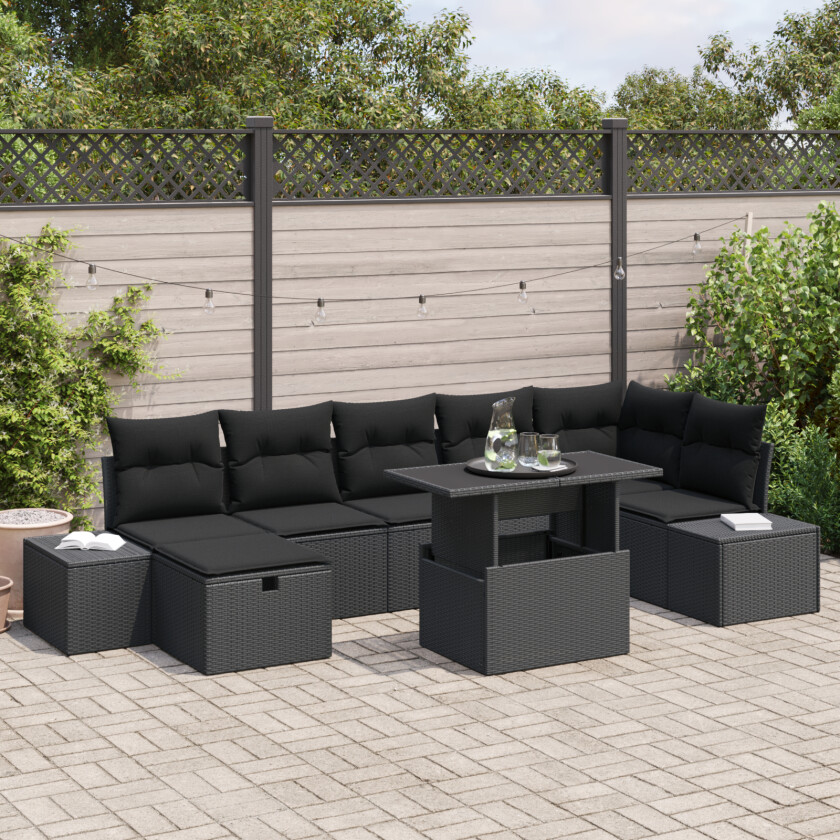 8-delt hagemøbelsett med puter svart poly rotting