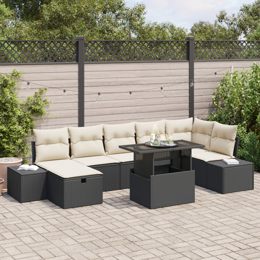 8 Delt Hagesofa Set med Puter Svart Poly Rottings