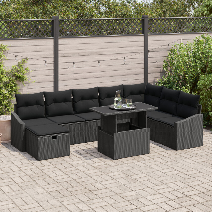 9 Delt Hagemøbelsett med puter Svart Poly Rattan