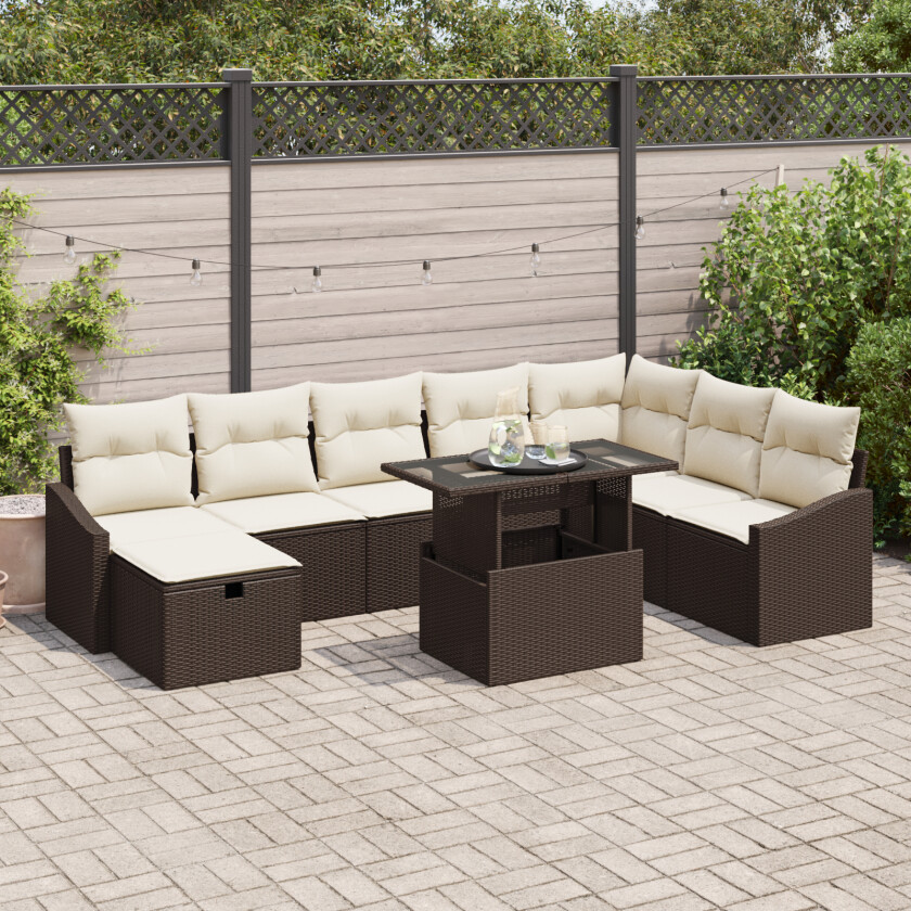 9-delt Hage Sofa Set med Puter Brun Poly Rattan