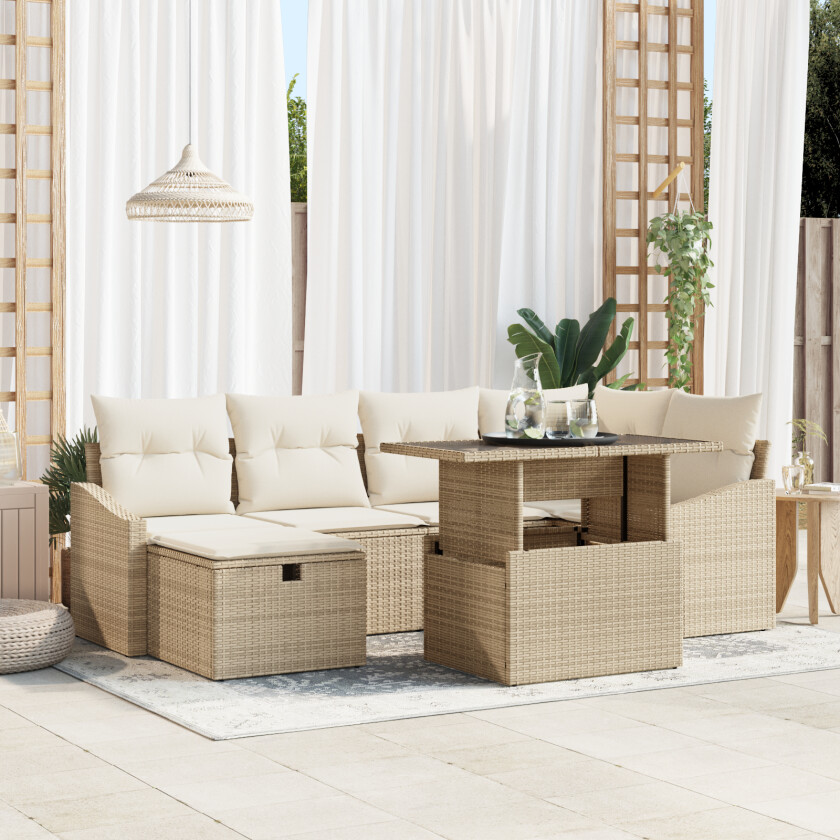 7-delt hage-sofa sett med puter i beige poly rattan