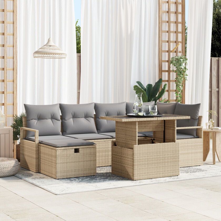 7 Delers Hagemøbelsett med Puter Beige Poly Rattan, 2-seters Hagesofa med Puter Beige Poly Rattan