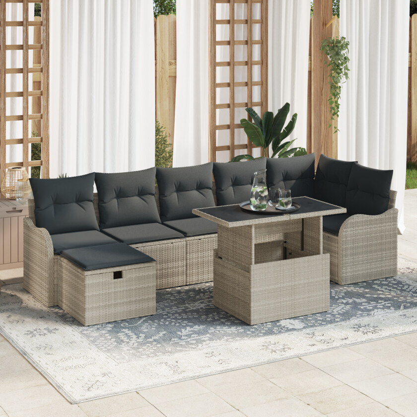 8 Delt Hage Sofa Sett med Puter Lys Grå Poly Rattan, 2-seters Hage Sofa med Oppbevaring & Puter Lys Grå Poly Rattan