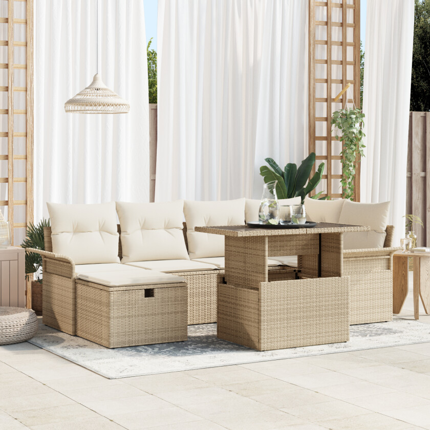 7-delt Hage Sofa Sett med Puter Beige Poly Rattan, 2-seters Hage Sofa med Oppbevaring & Puter Beige Poly Rattan