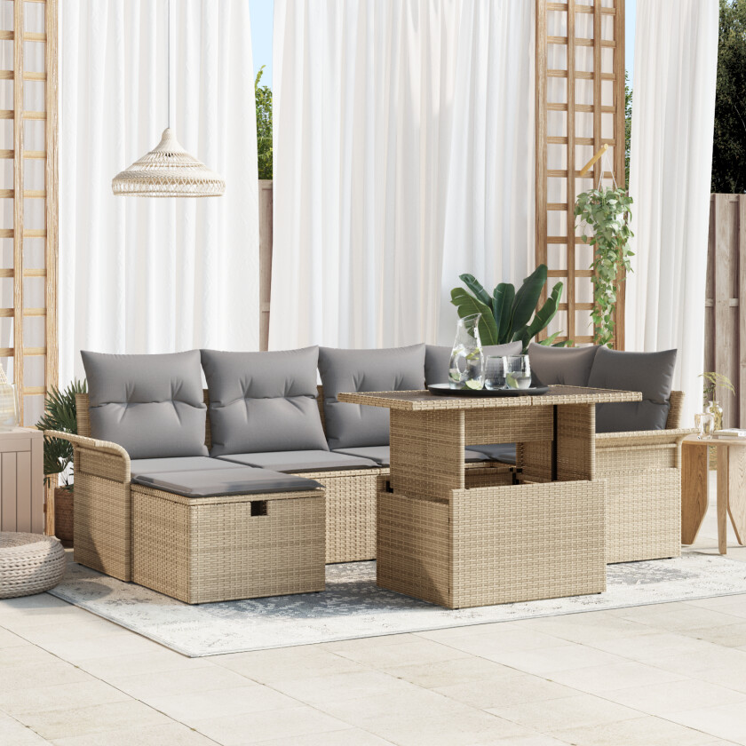 7 Stk Hage Sofa Set med Puter Beige Poly Rattan, 2-seters Hage Sofa med Oppbevaring & Puter Beige Poly Rattan