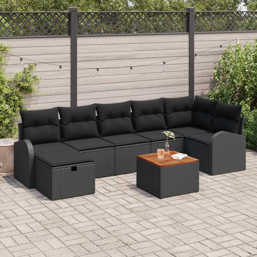 8-delt Hagesofa Set med Puter Svart Poly Rattan, 2-seters Hagesofa med Oppbevaring & Puter Svart Poly Rattan