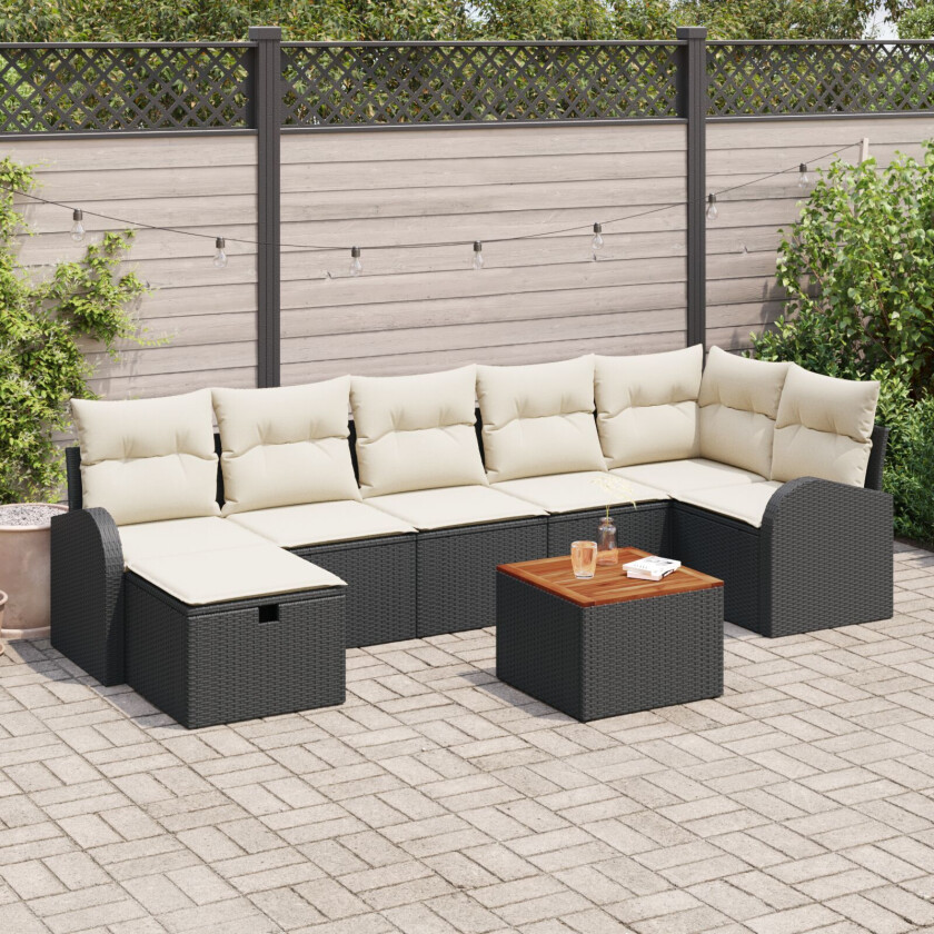 8-delt Hagesofa Set med Puter Svart Poly Rattan, 2-seters Hagesofa med Oppbevaring og Puter Svart Poly Rattan