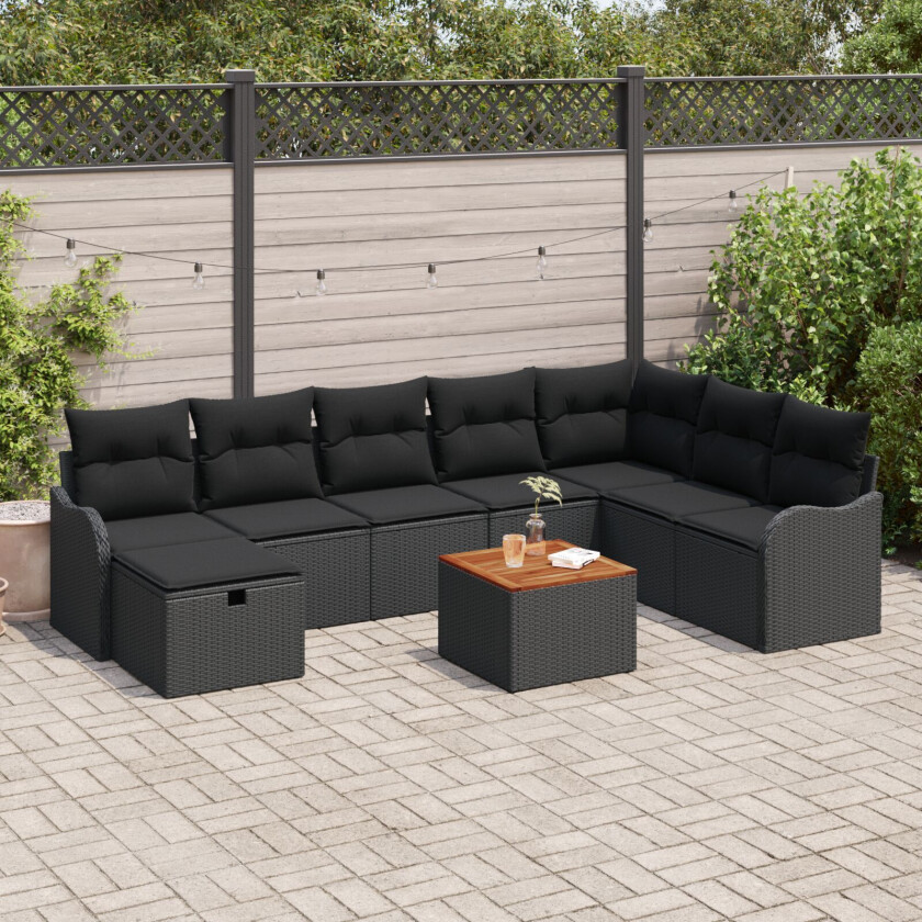 9 Delers Hagesofa Sett med Puter Svart Poly Rattan, 2-seters Hagesofa med Lagring & Puter Svart Poly Rattan
