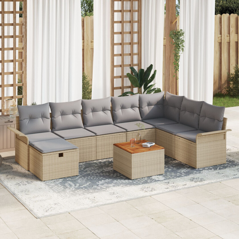 9-delt Hage Sofa Sett med Puter Beige Poly Rattan, 2-seters Hage Sofa med Oppbevaring & Puter Beige Poly Rattan