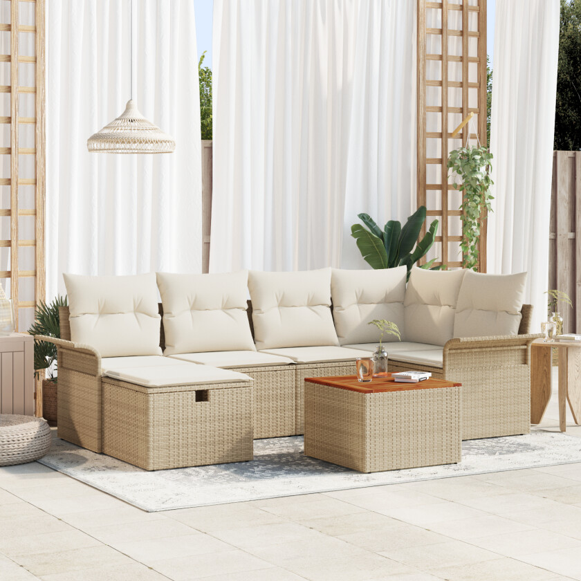 7 Deler Hage Sofa Sett med Puter Beige Poly Rattan, 2-seters Hage Sofa med Oppbevaring & Puter Beige Poly Rattan