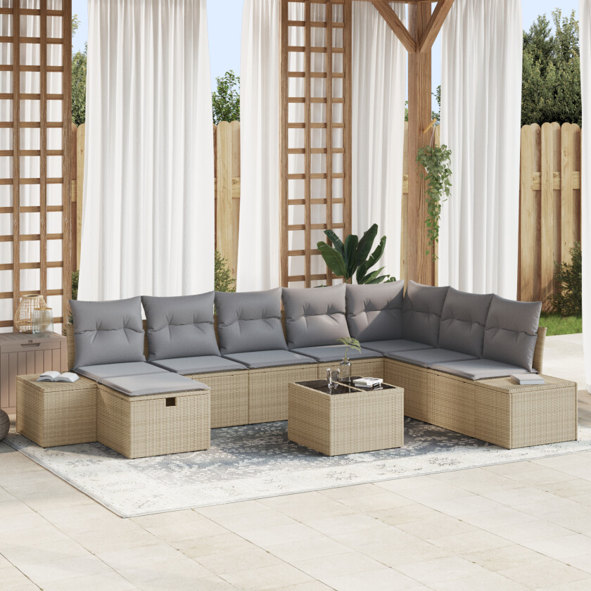 9 Deler Hagesofa Set Med Puter Beige Poly Rottings