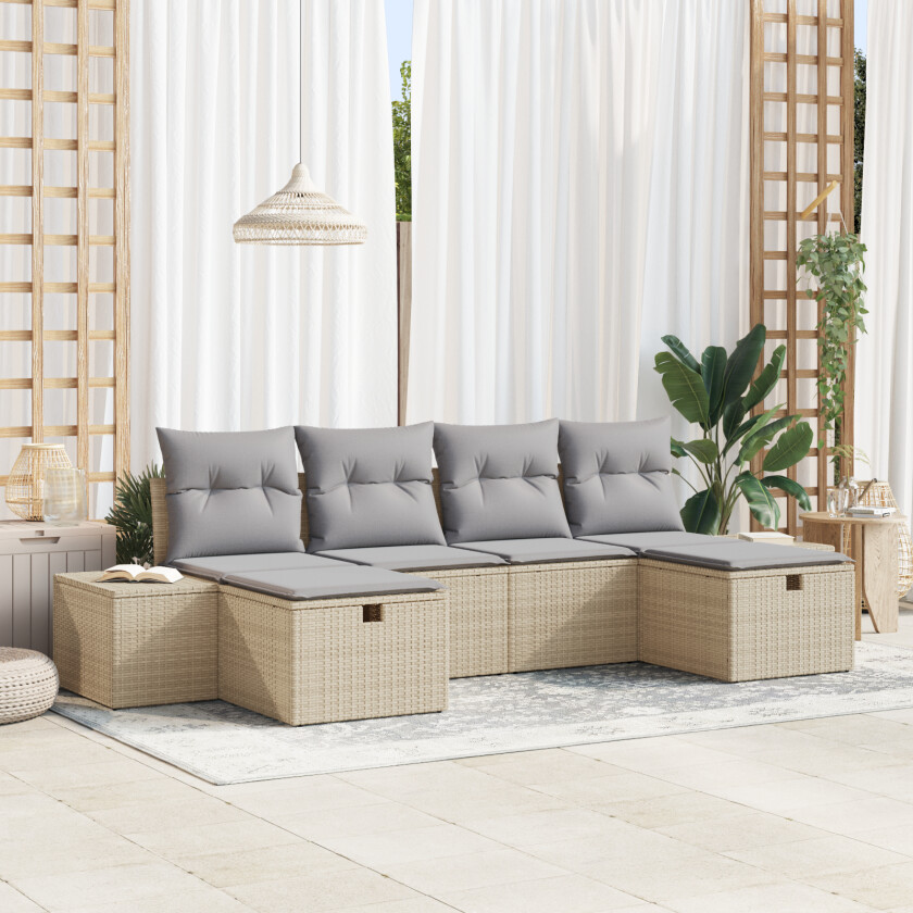 6-delt hagesofa-sett med puter beige poly rattan