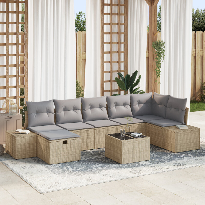 8 Delers Hage Sofa Sett Med Puter Beige Poly Rattan