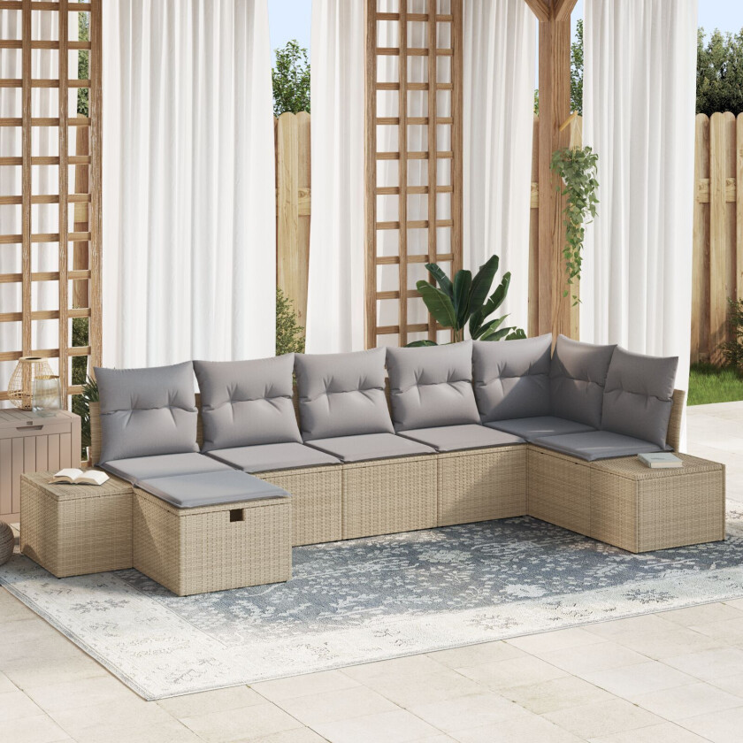 7-delt hage-sofa-sett med puter Beige Poly Rattan