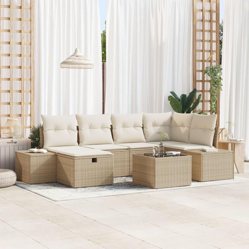 7-delt hagesofa sett med puter Beige Poly Rattan