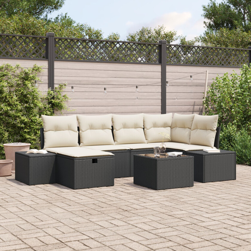 7 Delt Hagesofa Set Med Puter Svart Poly Rattan