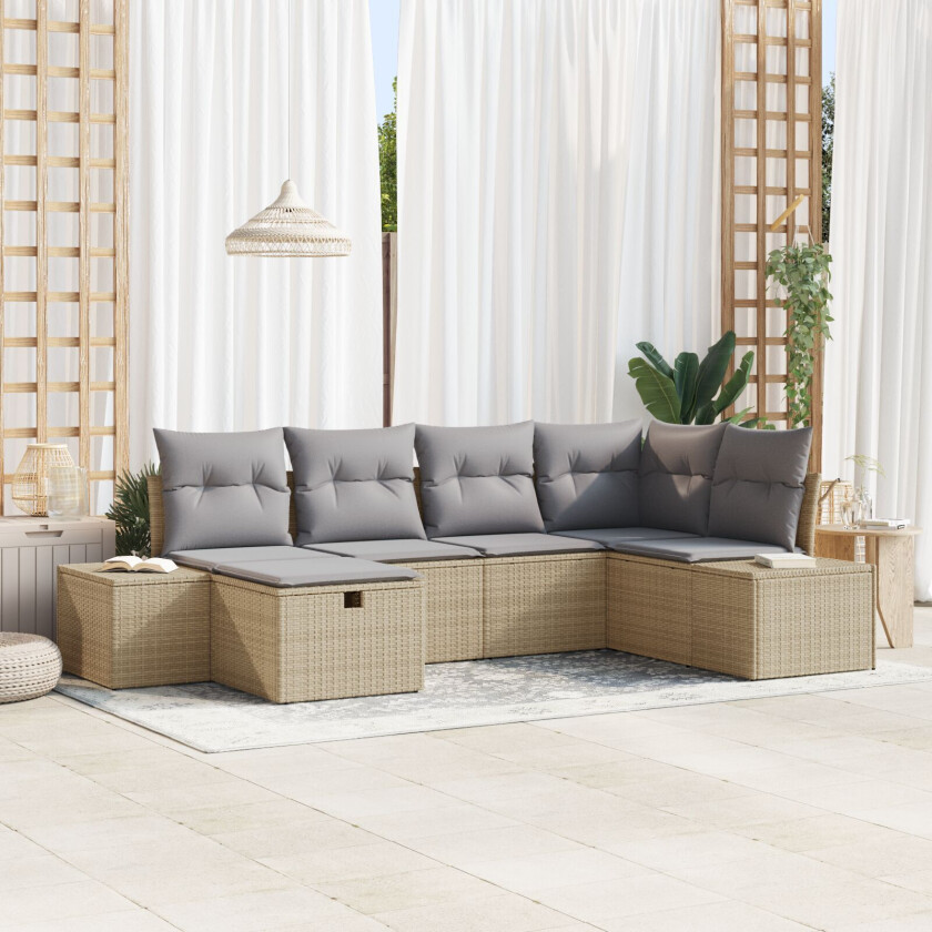 6 Delt Hage Sofa Sett med Puter Beige Poly Rattan