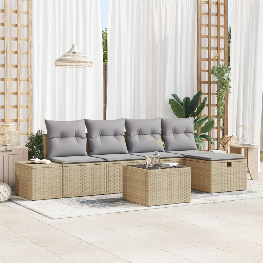 6 Delt Hagesofa Set med Puter Beige Poly Rattan