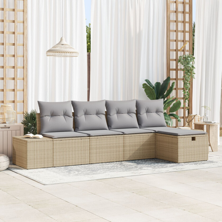 5-delt Hagesofa Set med Puter Beige Poly Rattan