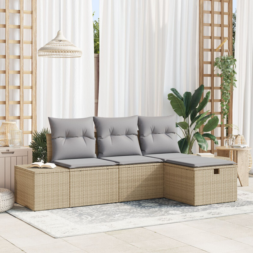 4 Delers Hagesofa Set med Puter Beige Poly Rattan