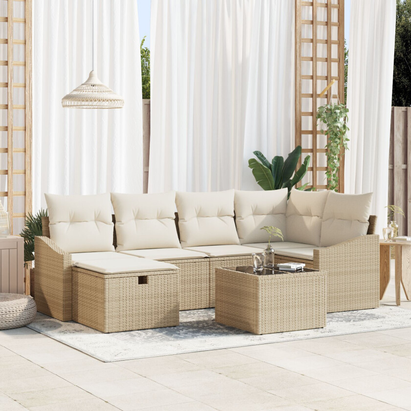 7 Delt Hagesofa Set med Puter Beige Poly Rattan