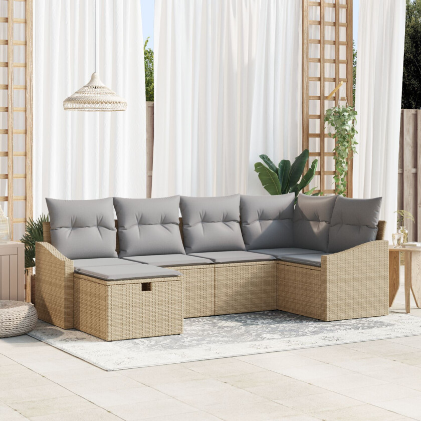 6 deler hagesofa sett med puter beige poly rotting