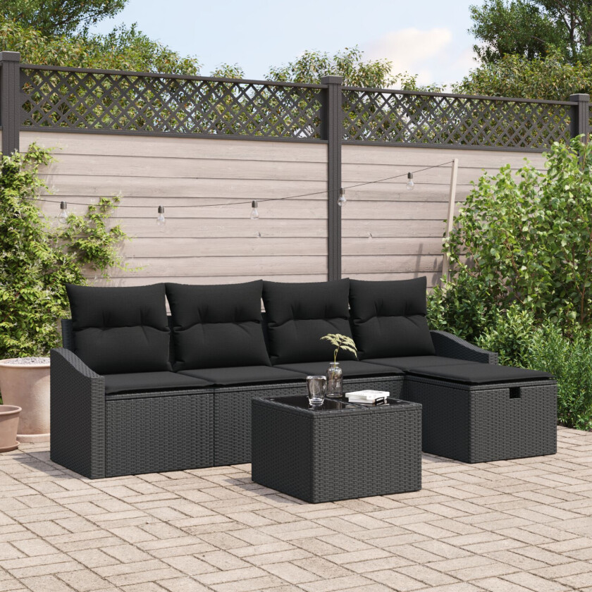 6 Delt Hage Sofa Sett med Puter Svart Poly Rotting