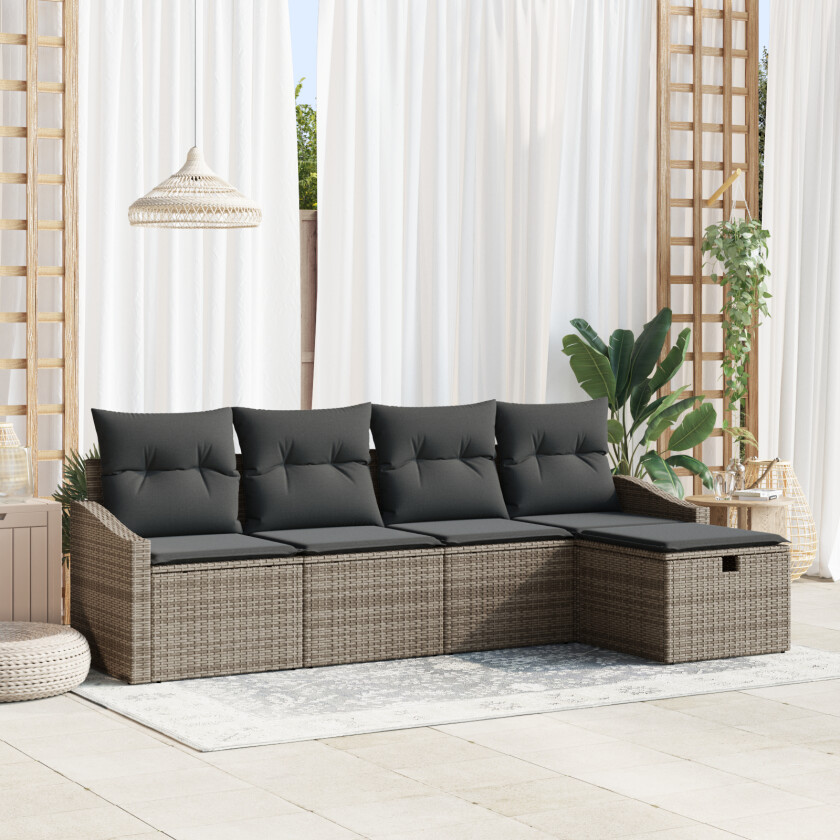 5-delt hagesofa sett med puter Grå Poly Rattan