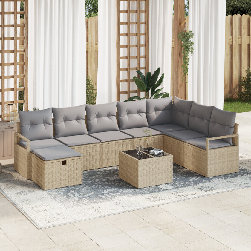 9 Delt Hagesofa Set med Puter Beige Poly Rottning, 2-seters Hagesofa med Puter Beige Poly Rottning