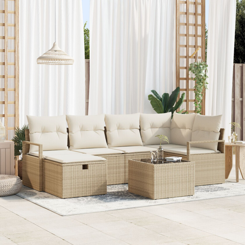 7-delt Hagesofa Sett med Puter Beige Poly Rattan, 2-seters Hagesofa med Lagring & Puter Beige Poly Rattan