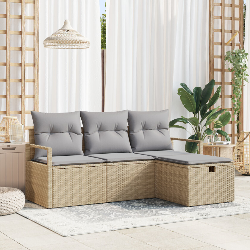 4-delt Hagesofa Sett med Puter Beige Poly Rotting, 2-seters Hagesofa med Puter Beige Poly Rotting