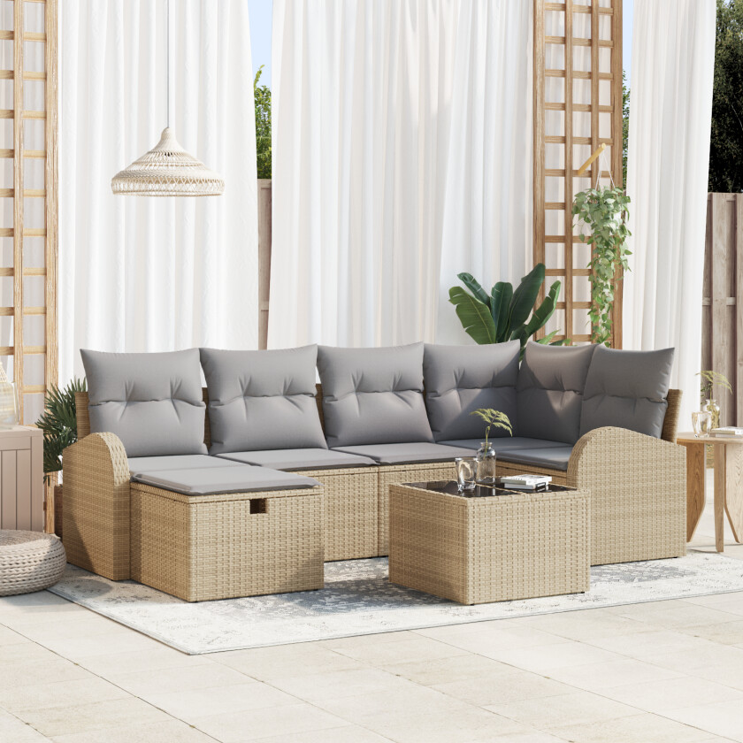 7-delt hagesofa-sett med puter Beige Poly Rottings, 2-seters hagesofa med oppbevaring og puter Beige Poly Rottings