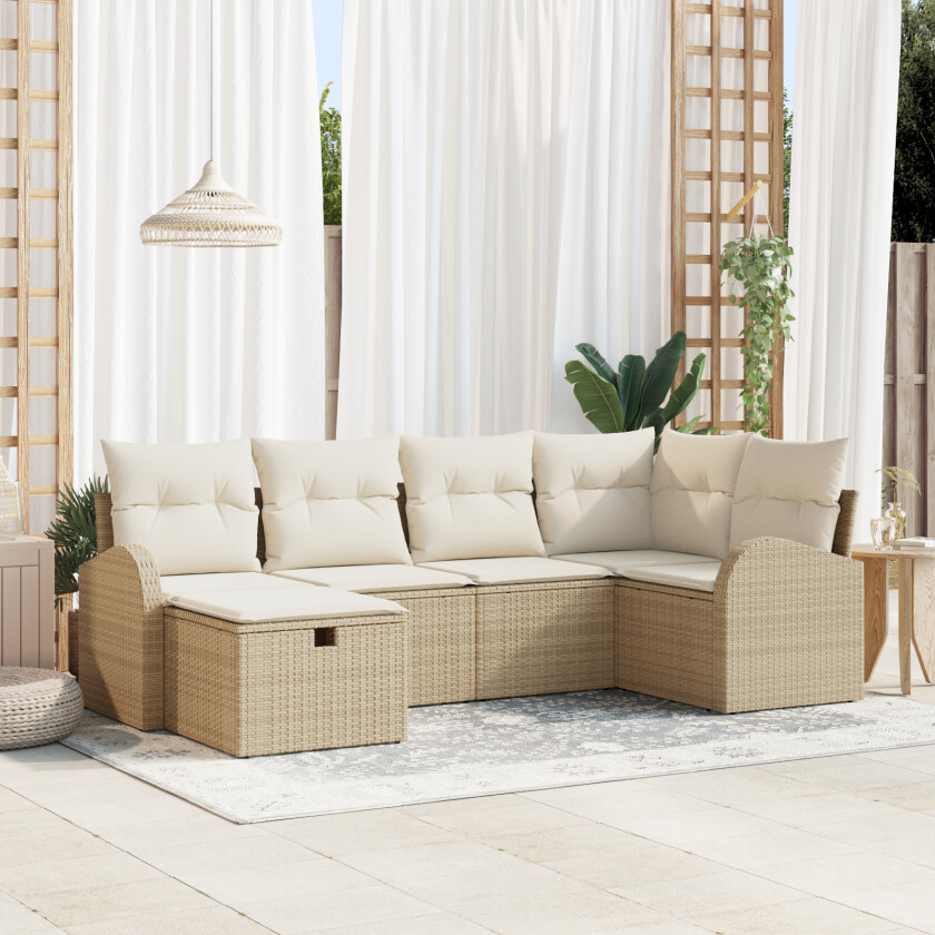 6-delt hagesofa-sett med puter beige poly rattan, 2-seters hagesofa med oppbevaring & puter beige poly rattan
