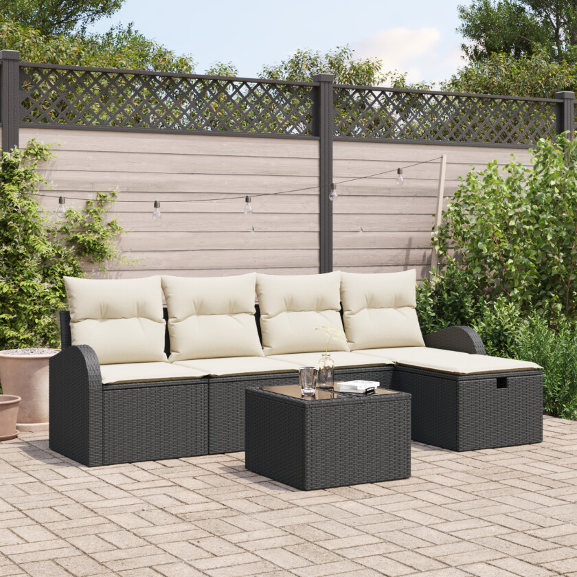 6 Piece Garden Sofa Set med Puter Svart Polyrotting, 2-seters hagesofa med lagring og puter Svart Polyrotting