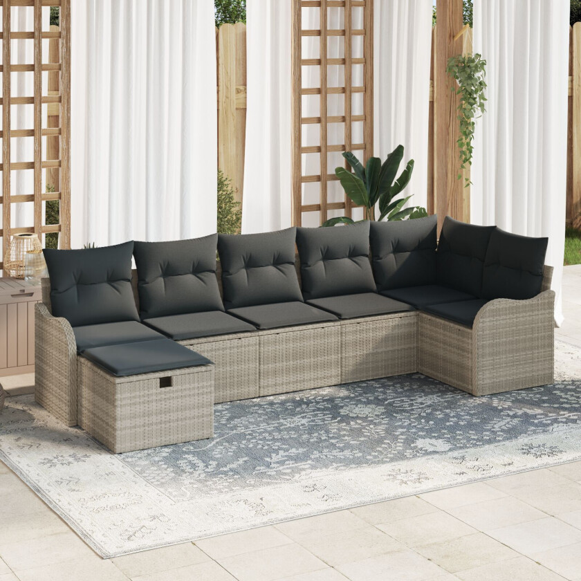 7-delt hage sofa sett med puter lysegrå poly rotting, 2-seters hage sofa med oppbevaring & puter lysegrå poly rotting