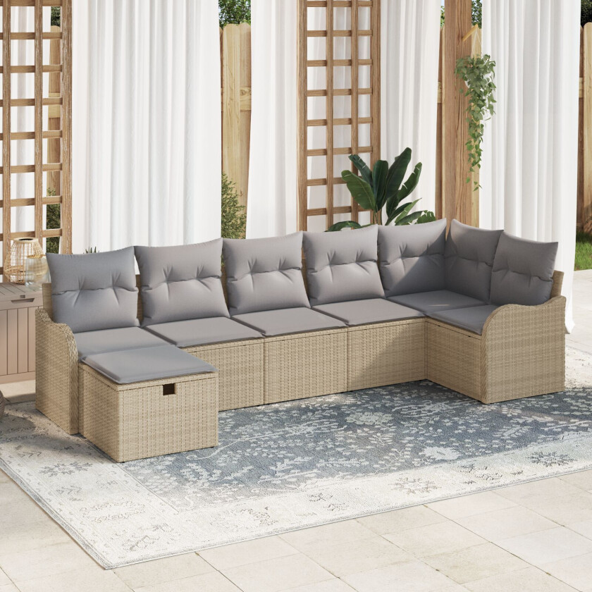 7-delt hagesofa-sett med puter Beige Poly Rattan, 2-seters hagesofa med lagring og puter Beige Poly Rattan