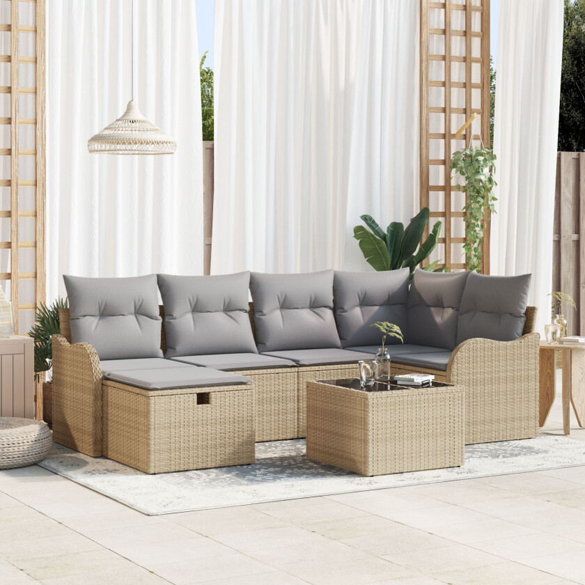 7 Delt Hagemøbelsett med Puter Beige Poly Rattan, 2-seters Hagemøbel med Puter Beige Poly Rattan
