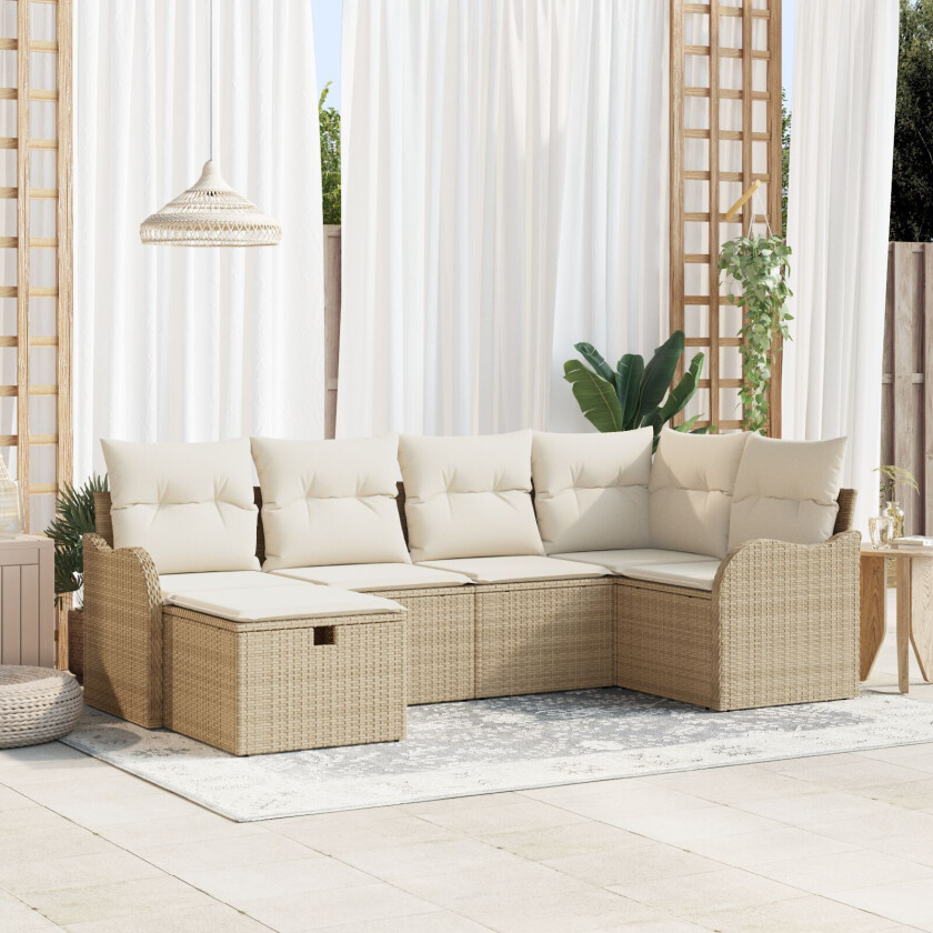 6 Delt Hagesofa Sett med Puter Beige Poly Rattan, 2-seters Hagesofa med Oppbevaring & Puter Beige Poly Rattan
