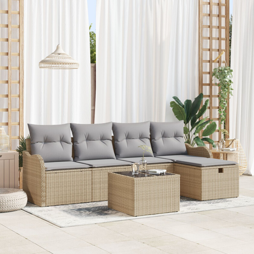 6 Dels Hage Sofa Set med Puter Beige Poly Rattan, 2-seter Hage Sofa med Puter Beige Poly Rattan
