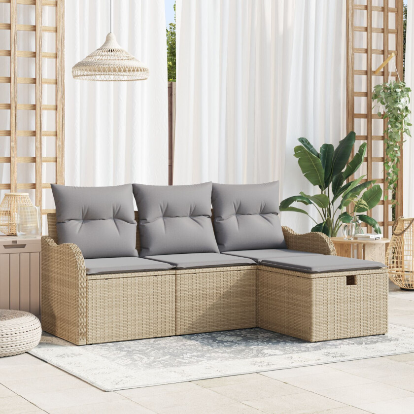 4-delt Hage Sofa Sett med Puter Beige Poly Rattan, 2-seters Hage Sofa med Oppbevaring & Puter Beige Poly Rattan