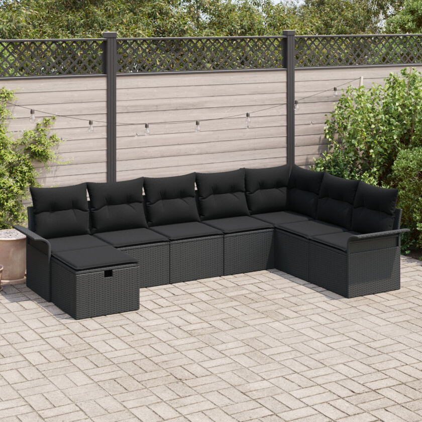 8 Delers Hagesofa Set med Puter Svart Poly Rattan