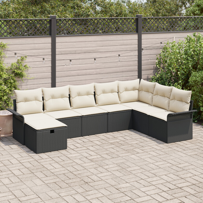 8 Delt Hagesofa Set med Puter Svart Poly Rattan, 2-seters Hagesofa med Oppbevaring & Puter Svart Poly Rattan
