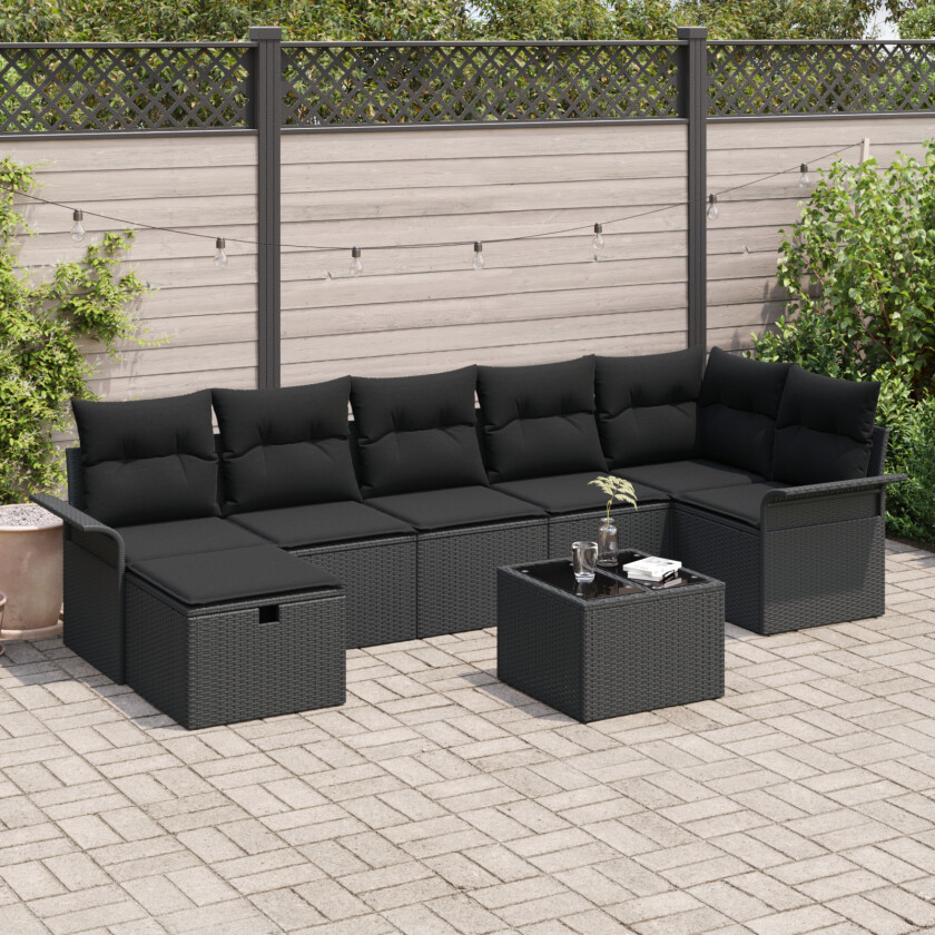 8 Delt Hage Sofa Sett med Puter Svart Poly Rattan, 2-seters Hage Sofa med Oppbevaring & Puter Svart Poly Rattan